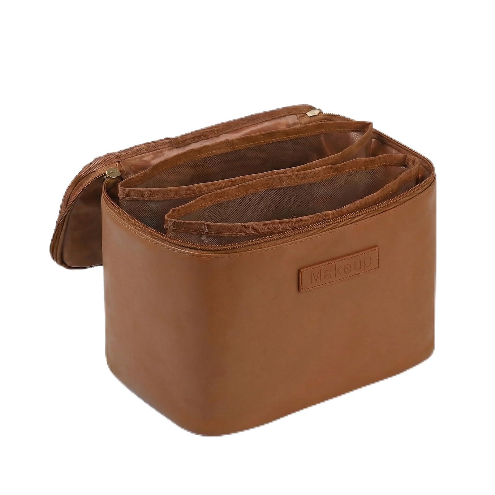Nivofu Beauty Case Donna, Porta Trucchi Impermeabile in Pelle PU, Trousse Trucchi con Manico e Divisore Rimovibile, Beauty Case da Viaggio di Grande Capacità per Donne e Ragazze, Marrone