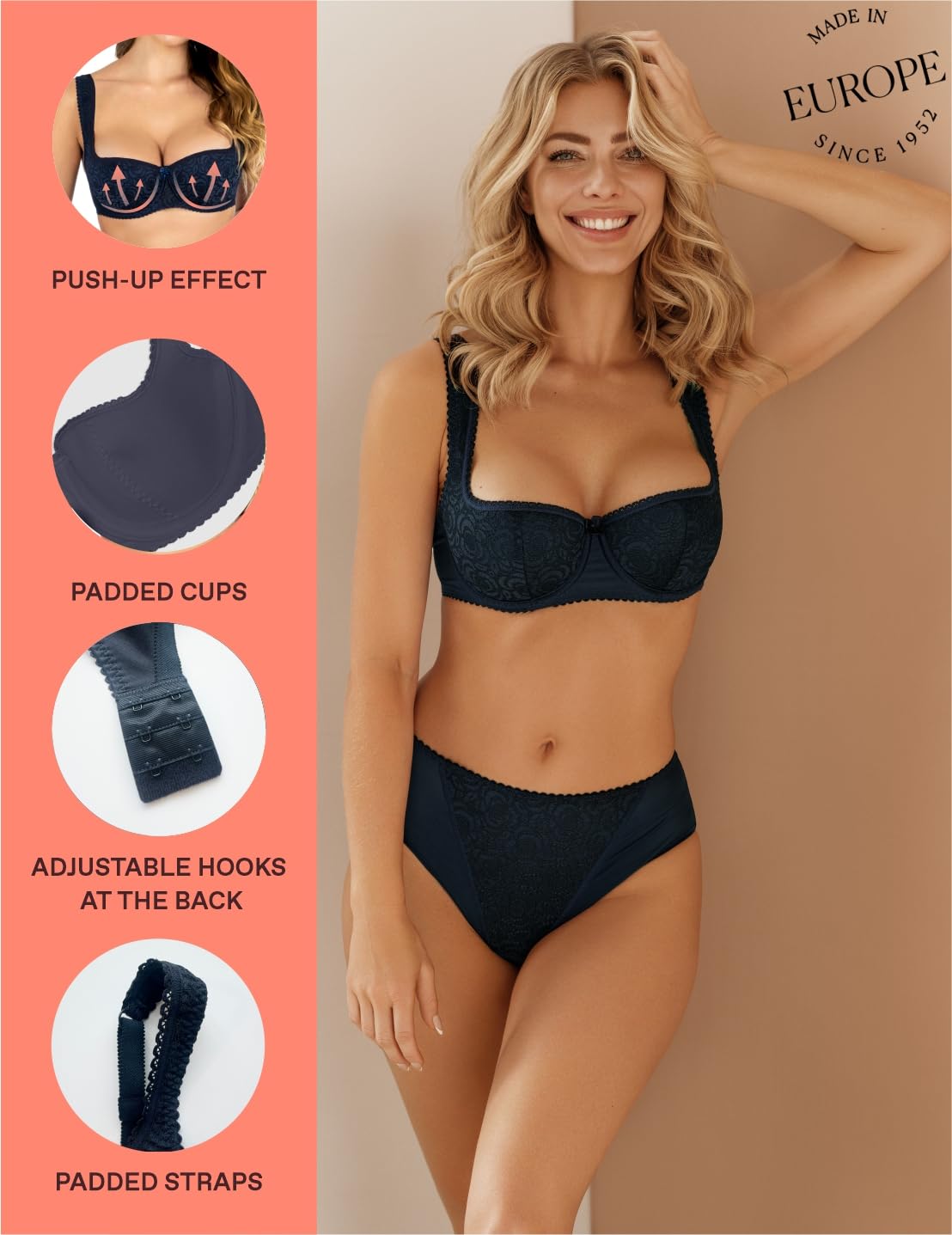 ROSME Sujetador Balconet de Mujer Lingerie con Tirantes Acolchados, colección Annija