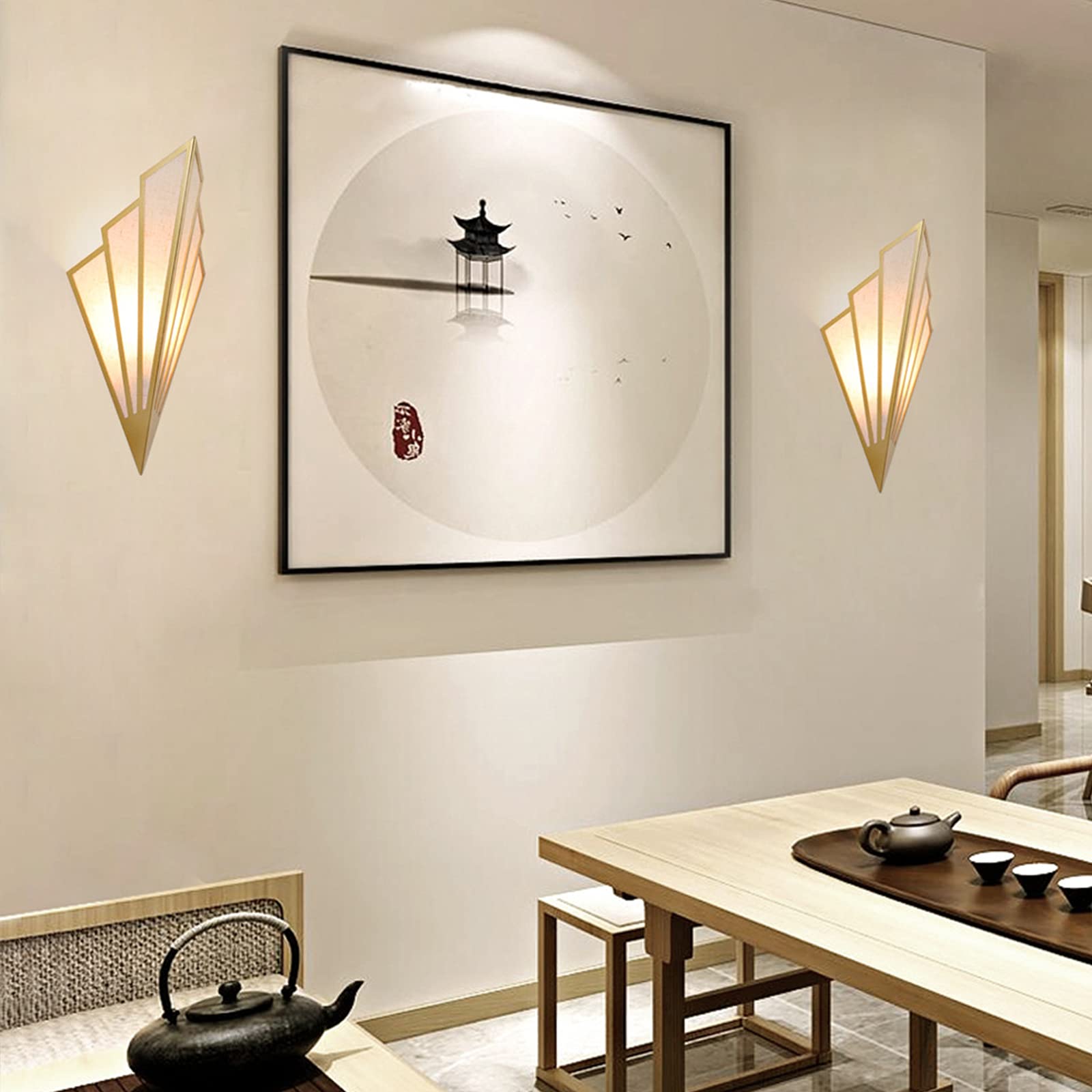 Lámpara de Pared limily Dorado Aplique Pared Creativa en Forma de Abanico con Pantalla de Lino para Dormitorio