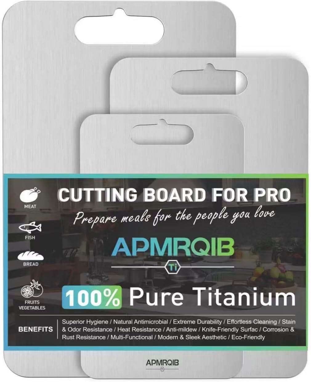APMRQIB Titanium Cutting Board Set of 3, 100% Pure Titanium Cutting Boards for Kitchen, Double-Sided Food Grade Cutting Board Ideal Charcuterie & Chopping for Meat, Hygiene Durable Dishwasher(3 pcs)