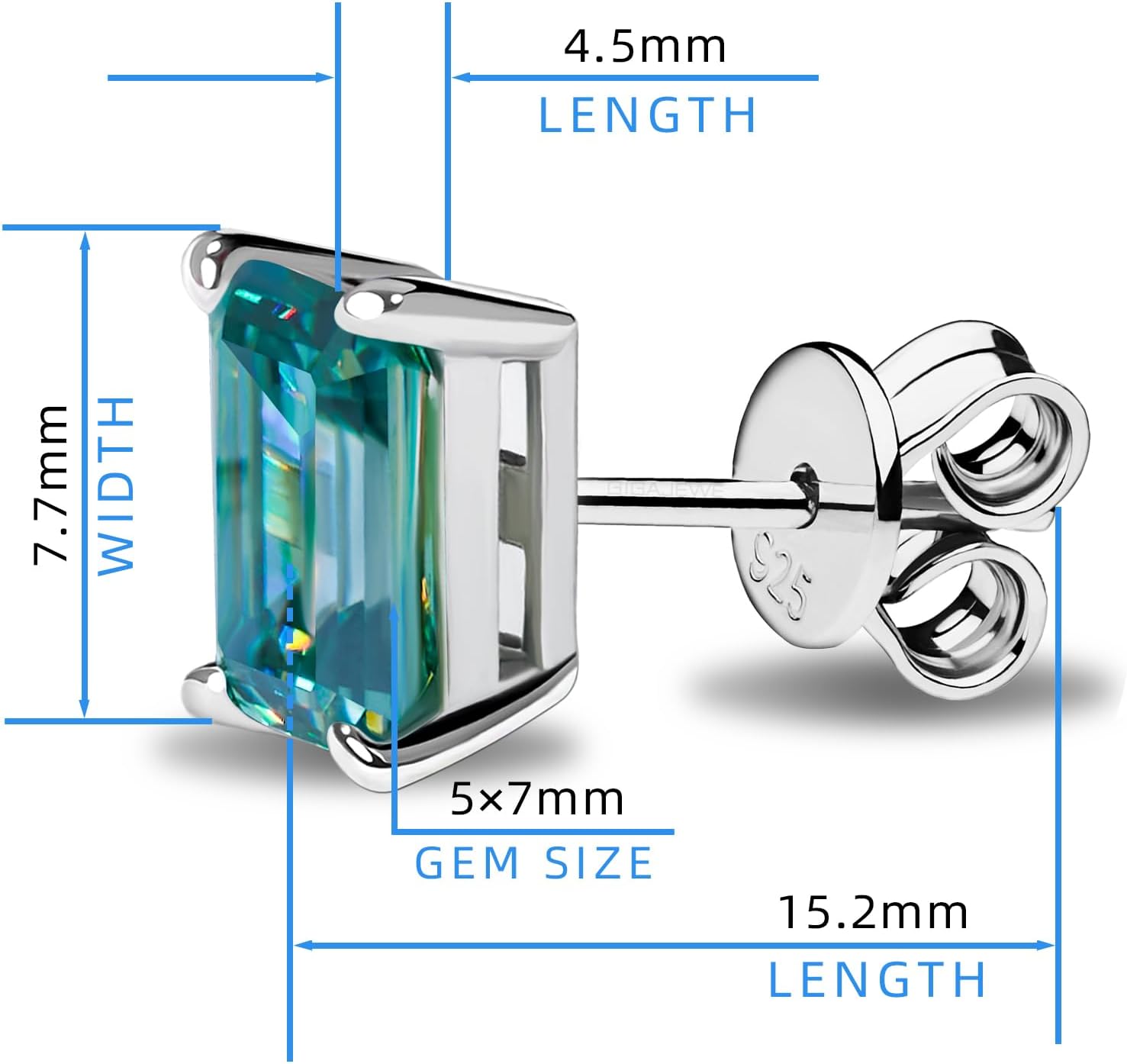 GIGAJEWE Blue Green Color Moissanite Stud Earrings Radiant Cut Moissanite Earrings 2.0ct/pair,18K Gold Plated 925 Steling Silver, Stud Earrings For Women - Image 3