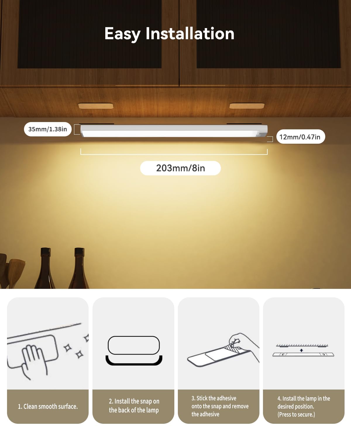 Illuminazione sotto l'armadio, 6 pacchetti con 1 stazione di ricarica, luce ricaricabile con sensore di movimento interno, 8 pollici, 3 temperature di colore, 29 luci LED regolabili per