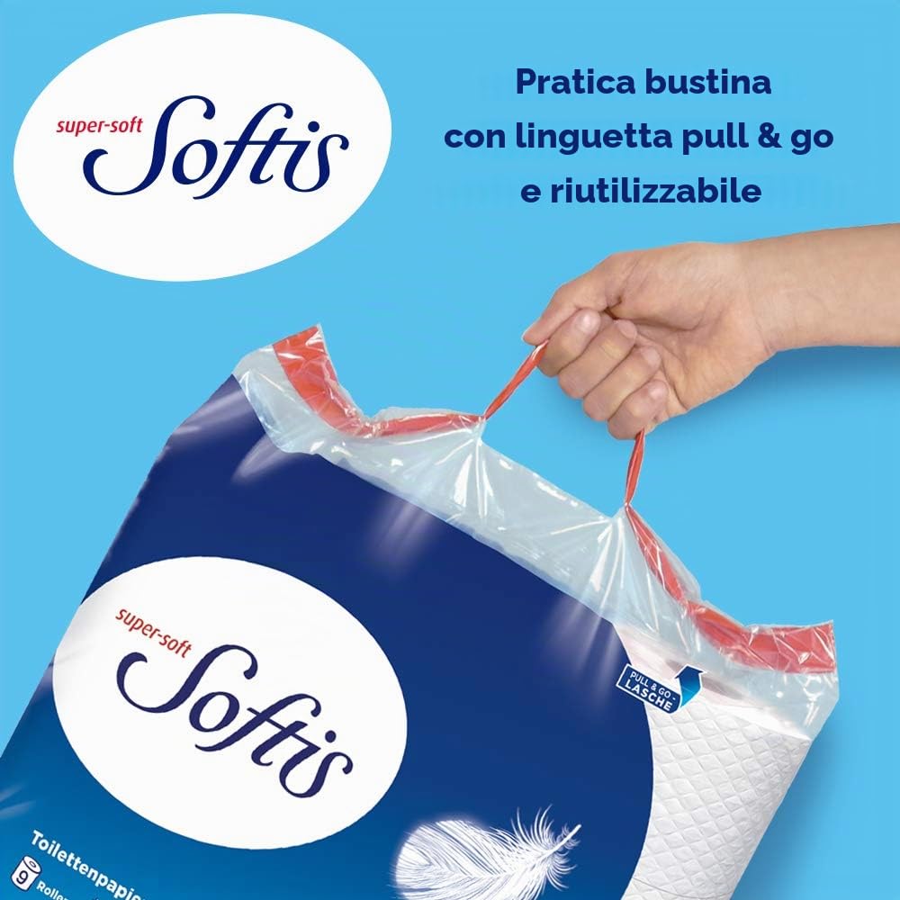 Softis Carta igienica a 4 strati, confezione da 45 rotoli (5 x 9 confezioni singole), 100 fogli per rotolo, sistema a camera morbida, confezione riciclabile, carta certificata FSC®