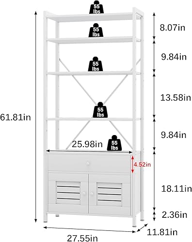 Miniatura 3 de Armario de almacenamiento con 4 estantes abiertos, armario de 1 cajón, estante de pie moderno blanco para baño, estante de almacenamiento de madera