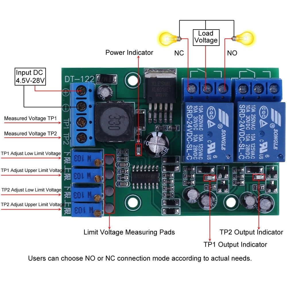 Comparatore di Tensione,Modulo Relè a 2 Canali DC 5V 12V 24V 2-CH Limite DT-122 Rilevatore di Soglia Segnale di Tensione