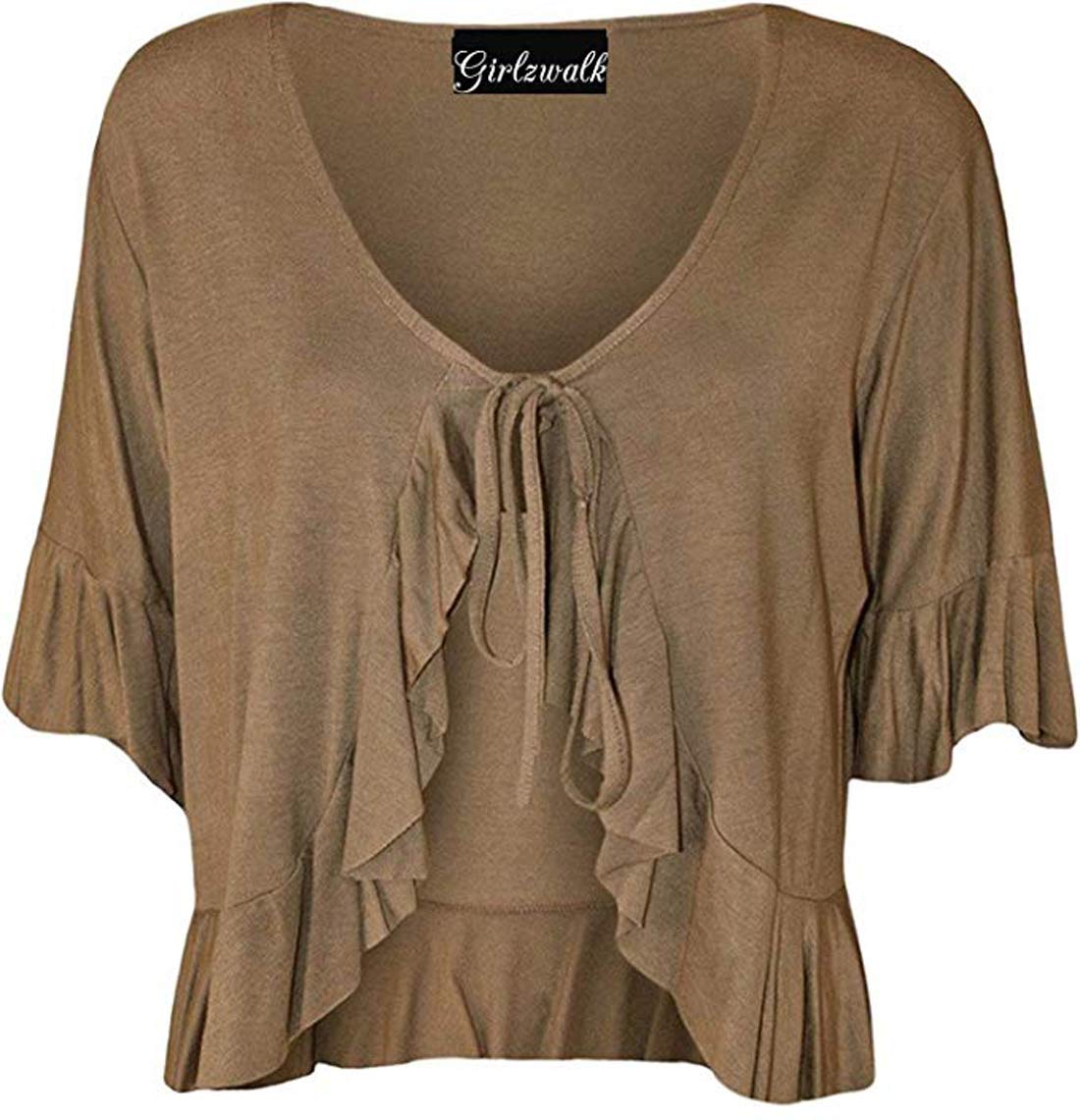 GOSTYLES® Womens Short Sleeve Stretch Frill Front Tie Cardigan, Ladies Elegant Summer Layer Cropped Bolero Shrug Top (Mocha, 20)