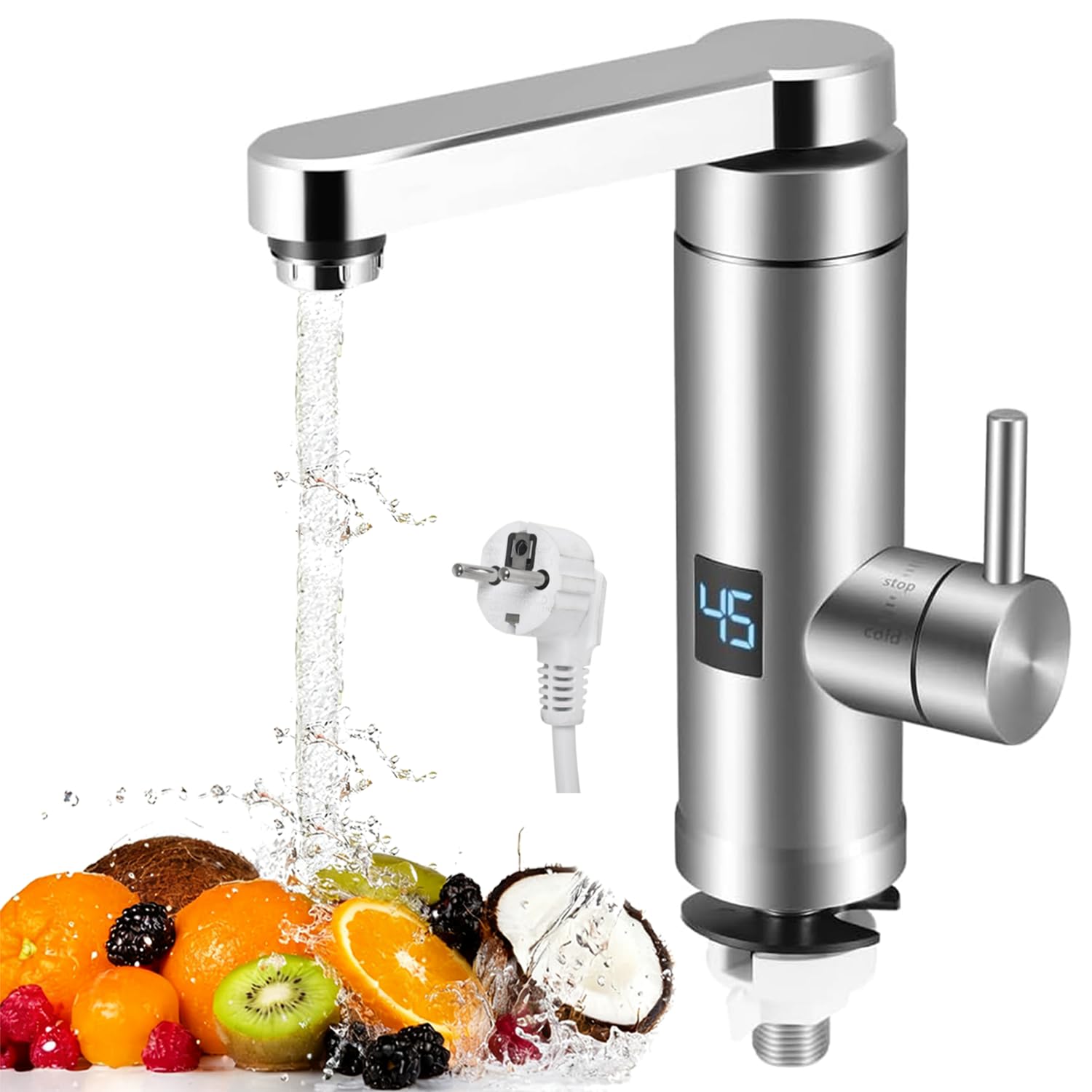 Robinet Chauffant Instantané, 3000W Réglable Température Acier Inoxydable Robinet électrique de Chauffe-Eau Instantané avec Affichage Numérique LED et Rotation à 360 ° pour Cuisine et Salle de Bain