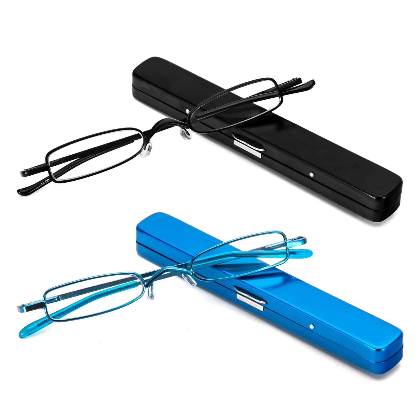 MMOWW 2er Pack Mini Metall Lesebrillen Damen Herren Federscharnier Klassische Klein Schmal Leicht Lesehilfe Sehhilfe Brillen mit Etui (Schwarz+Blau,+3,0)