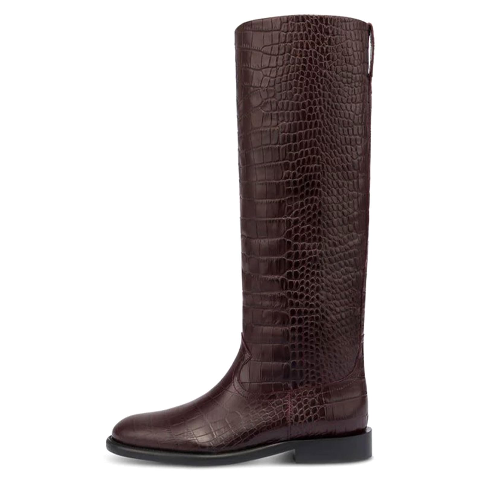 Womens Round Toe Flat Knee High Crocodile Wide Calf Boots Fall Winter Comfortable Low Heel Pull On Office