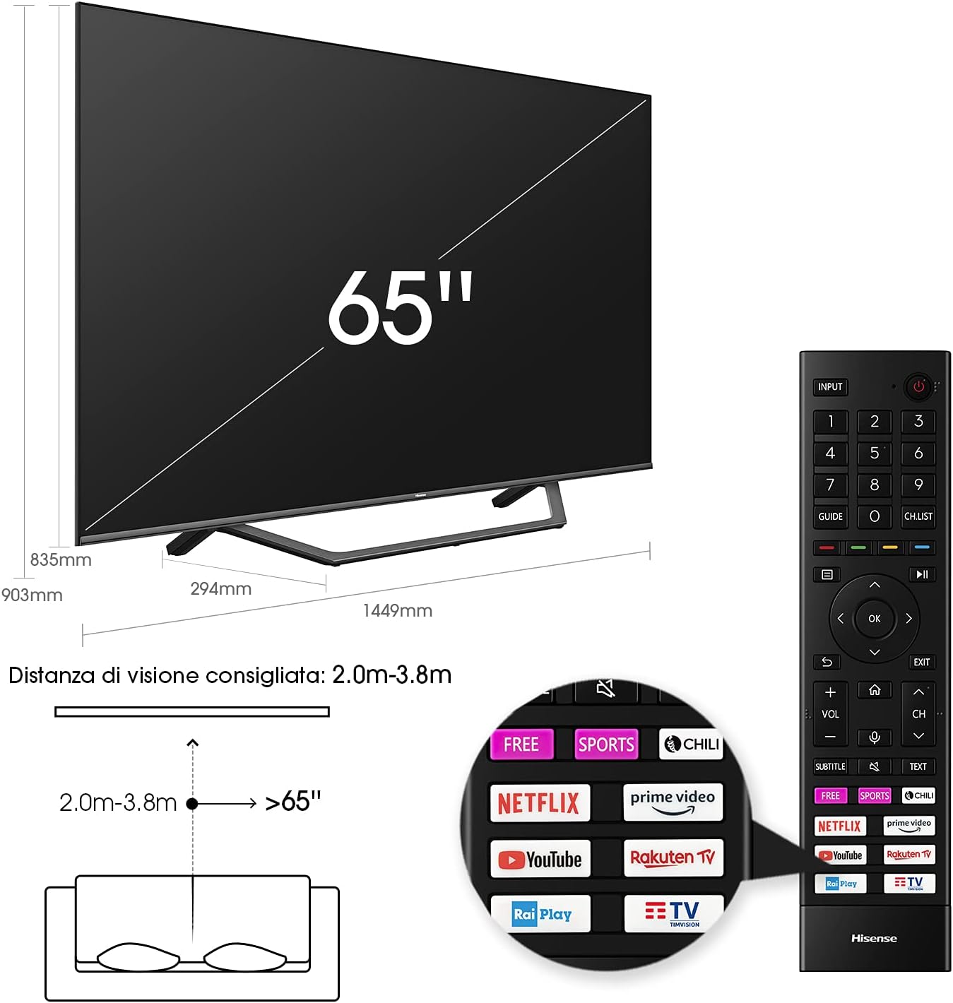 Hisense 65 QLED 4K 65A78GQ, Quantum Dot, Smart TV VIDAA 5.0, HDR Dolby Vision, IPS, Audio Dolby Atmos, Controlli vocali Alexa / Google Assistant, Tuner DVB-T2/S2 HEVC 10, lativù 4K Hisense 65 QLED 4K 65A78GQ, Quantum Dot, Smart TV VIDAA 5.0, HDR Dolby Vision, IPS, Audio Dolby Atmos, Controlli vocali Alexa / Google Assistant, Tuner DVB-T2/S2 HEVC 10, lativù 4K