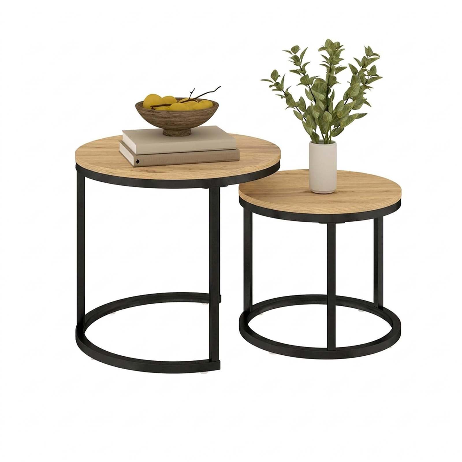 Beistelltisch Rund 2er Set Kleiner Couchtisch Rund Couchtisch Schwarz Holz mit Schwarzem Metallgestell, Wohnzimmertisch Rund Sofatisch für Wohnzimmer Schlafzimmer Büro, 50+40 cm