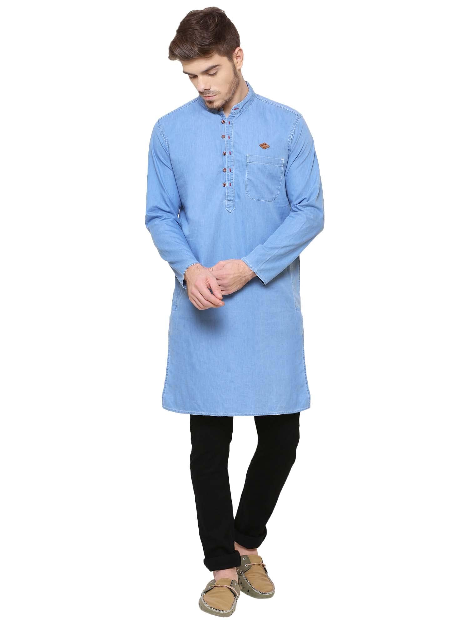 kuons avenue Men's Knee-Length Denim Kurta Shirt | Tailored Fit | Full Sleeves | Mandarin Collar – Perfect for Traditional Occasions-picture-25