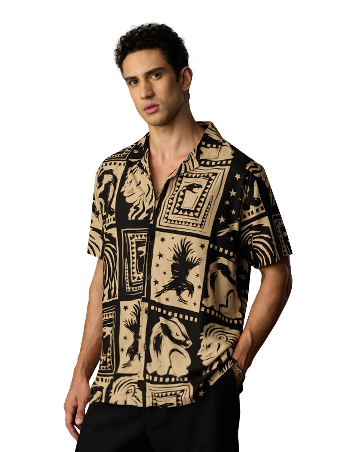 the souled store Harry Potter: Magic Men and Boys Short Sleeves Collared Neck Button Front Beige and Black All Over Printed Regular Fit Viscose Holiday Shirts-picture-13