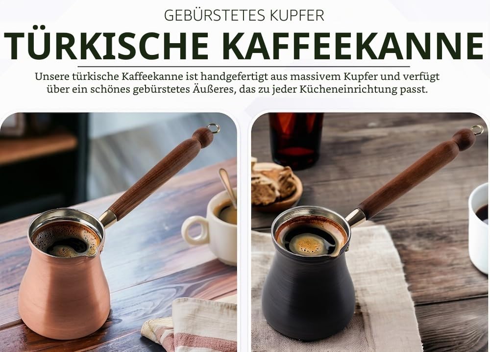 DEMMEX Türkische Kaffeekanne Cezve Ibrik Griechischer Kaffee Briki Herd Kaffeemaschine mit Holzgriff und Löffel, 1 mm dickes Kupfer, handgefertigt in der Türkei, 6 Portionen