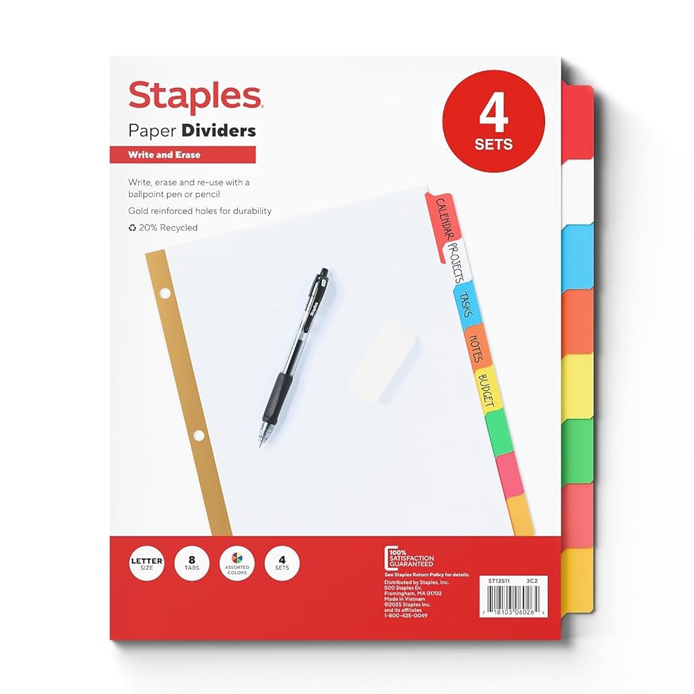 tabes092ページ Amazon.com : Staples 8-Tab Write & Erase Big Tab Dividers