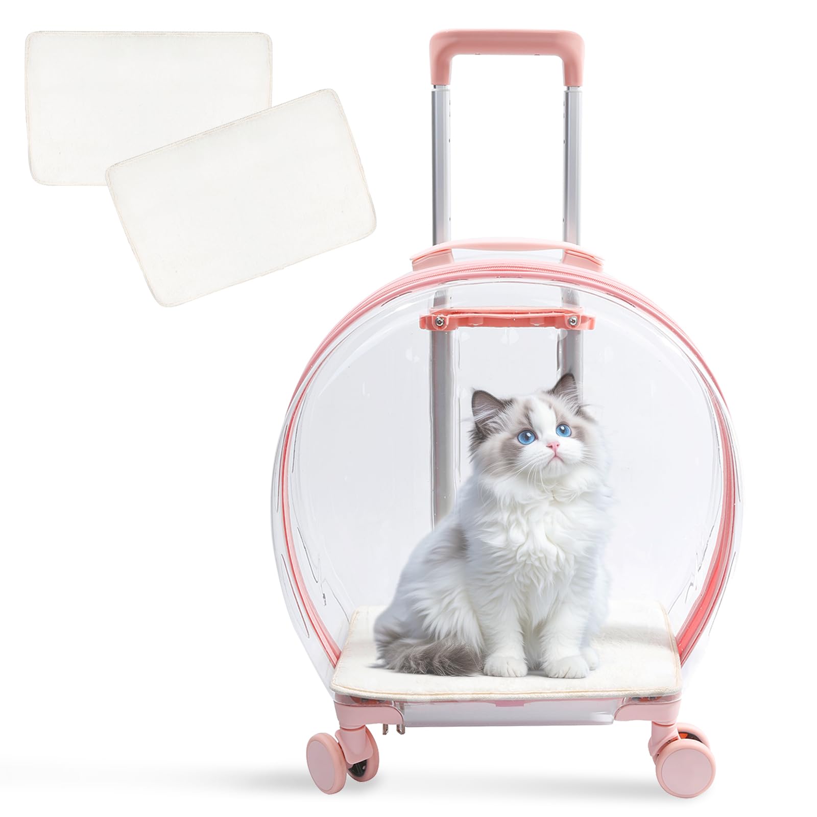 Pet Carrier with Wheels - Transparent PC Material, Sturdy and Breathable Design, Convenient Handle, Suitable for Cats and Dogs (Pink)