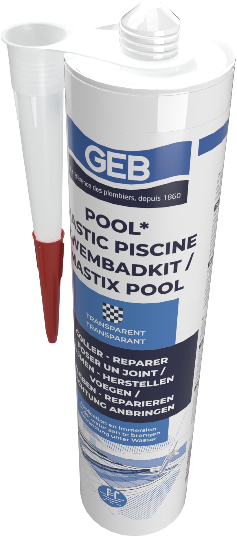 GEB - Masilla impermeable especial para piscina (290 ml, transparente para pegar, juntar y reparar elementos de piscina, azulejos, mosaico, margelle, proyector, desagüe