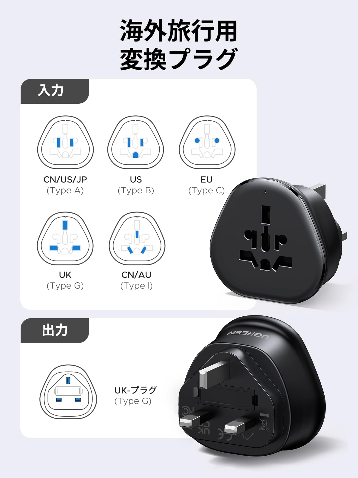 UGREEN 海外転換プラグ BFタイプ コンセント変換器 コンセント 1個AC差込口 マルチ電源変換プラグ C/A/B/G/Iタイプ シンガポール/香港/イギリスなどの国に対応 コンパクト 旅行便利 - 2