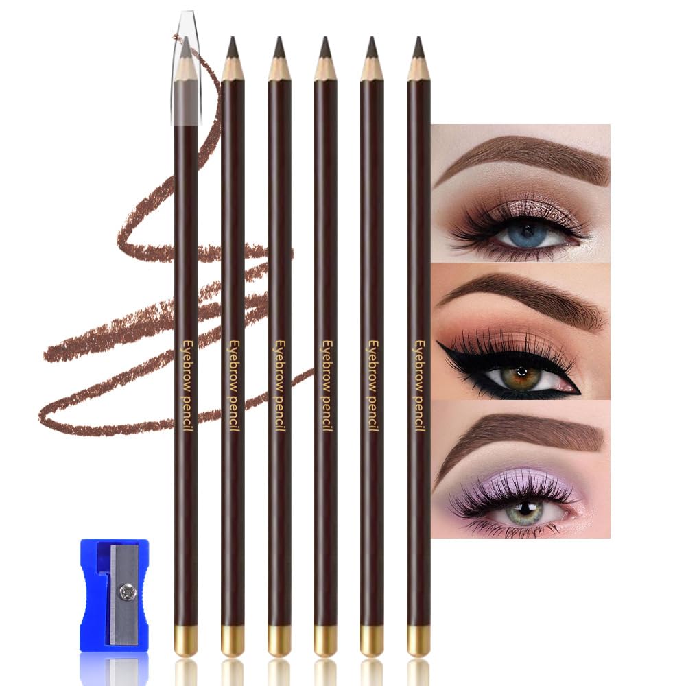6Pcs Eyebrow Pencils for Women,Wooden Hard-Core Dark Brown Eyebrow and Eyeliner Pencil,Long Lasting Waterproof and Sweat-Proof,Beginner Makeup Brow