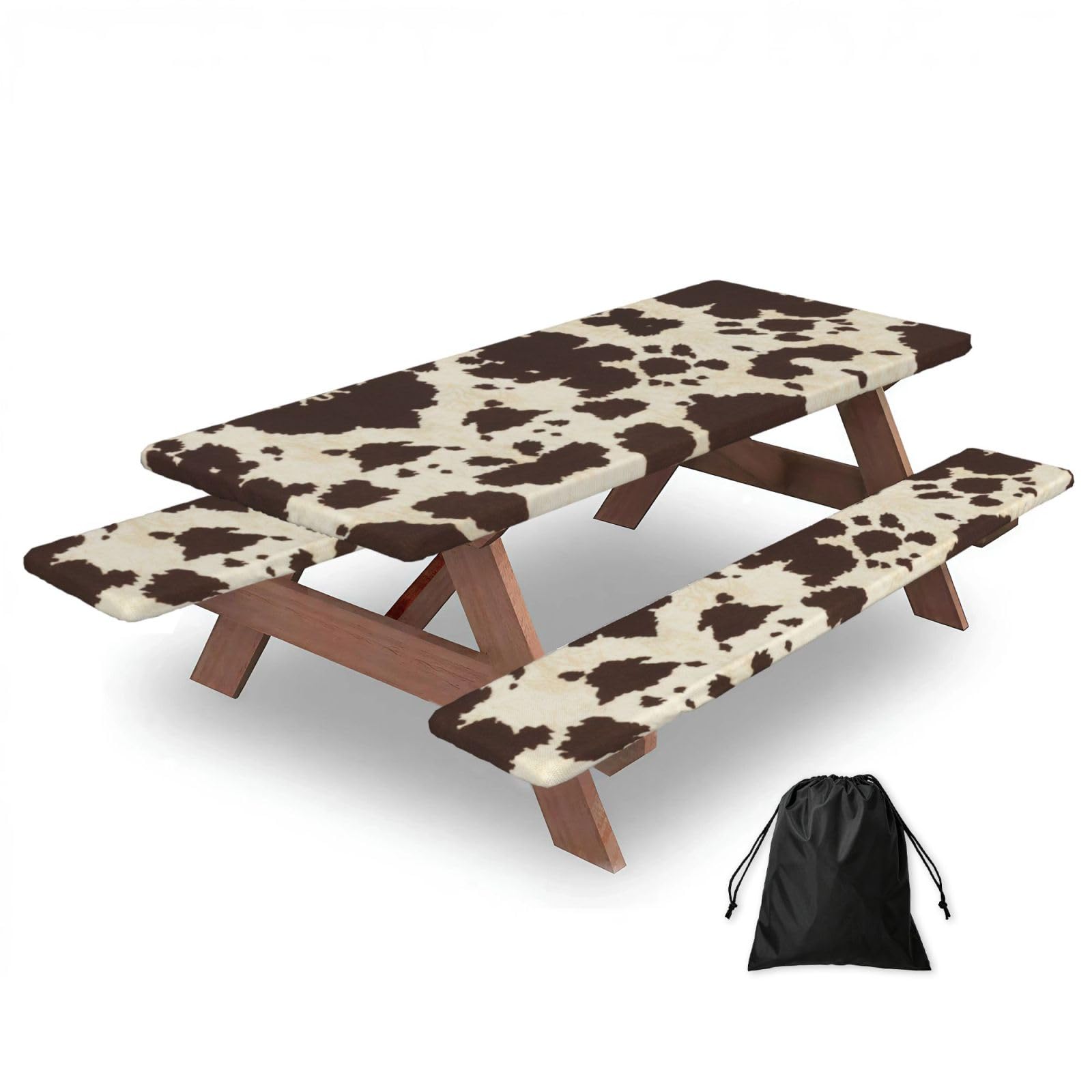 Duwaa Black Cow Fur Print Print 183Cm Picnic Table Cover With Bench Covers, Waterproof Elastic Tablecloth Set For Outdoor