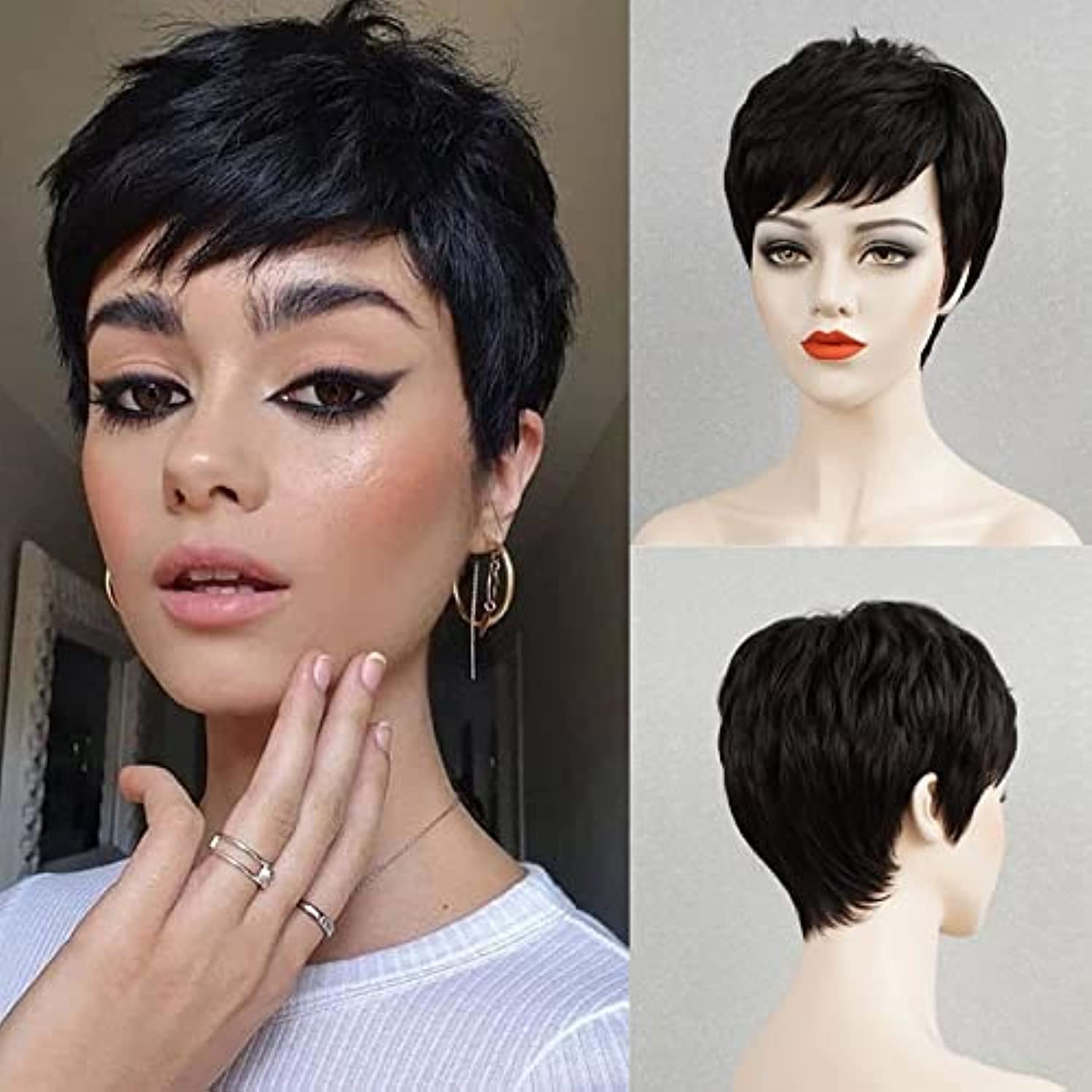 PangDongLai Pixie Cut Wig for Black Women Human Hair Pixie Wigs Short Wig with Bangs 150% Density Glueless Wigs Pixie Wigs for Women Human Hair Short (pixie cut wig, Black)