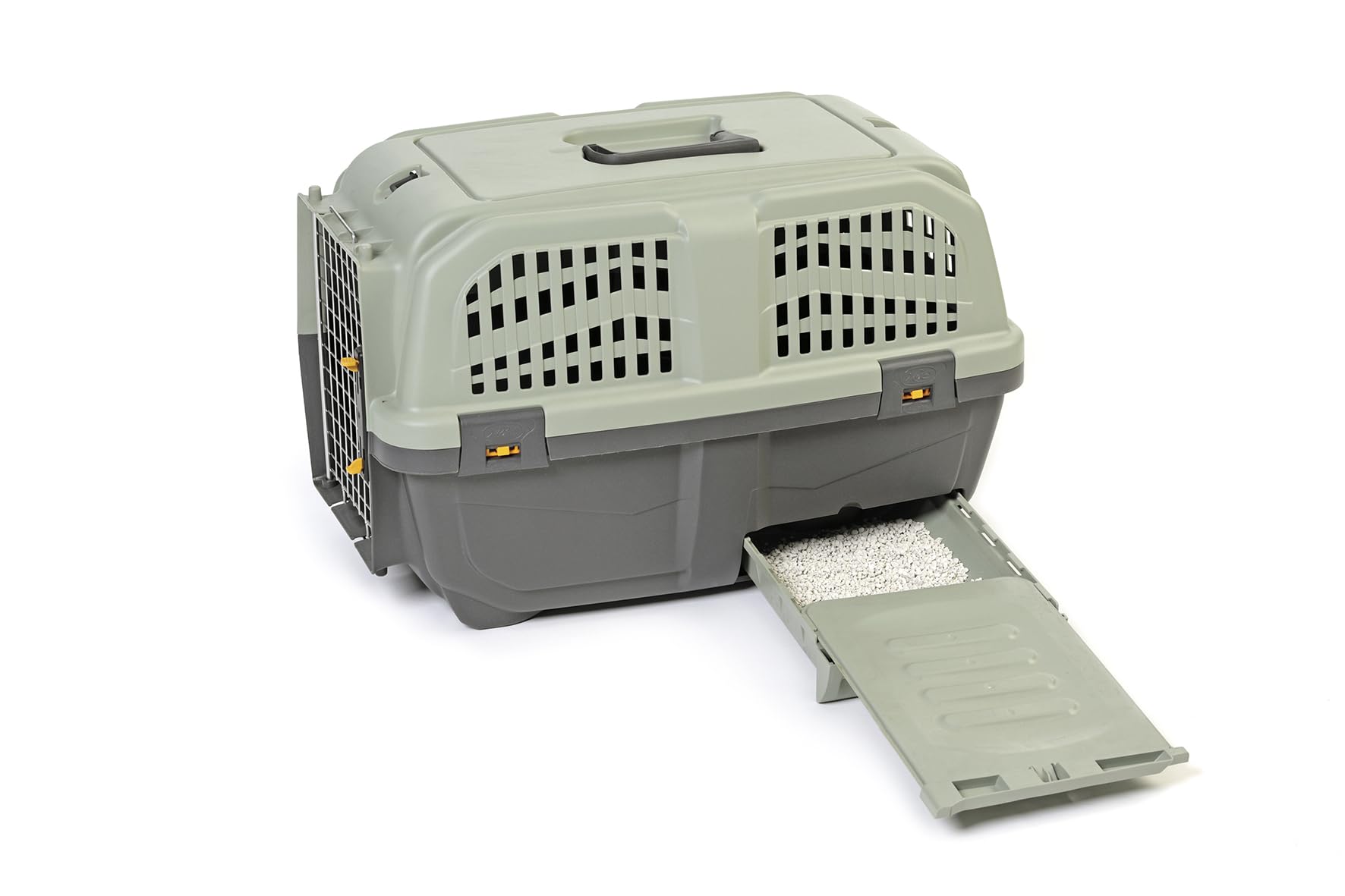 SELVADEGO | Trasportino per Gatti con Lettiera Integrata – Box da Viaggio con Apertura Superiore, Porta in Metallo e Cassetto Estraibile – Robusto e Igienico, per Auto e Treno e Aereo, 60x37x36 cm
