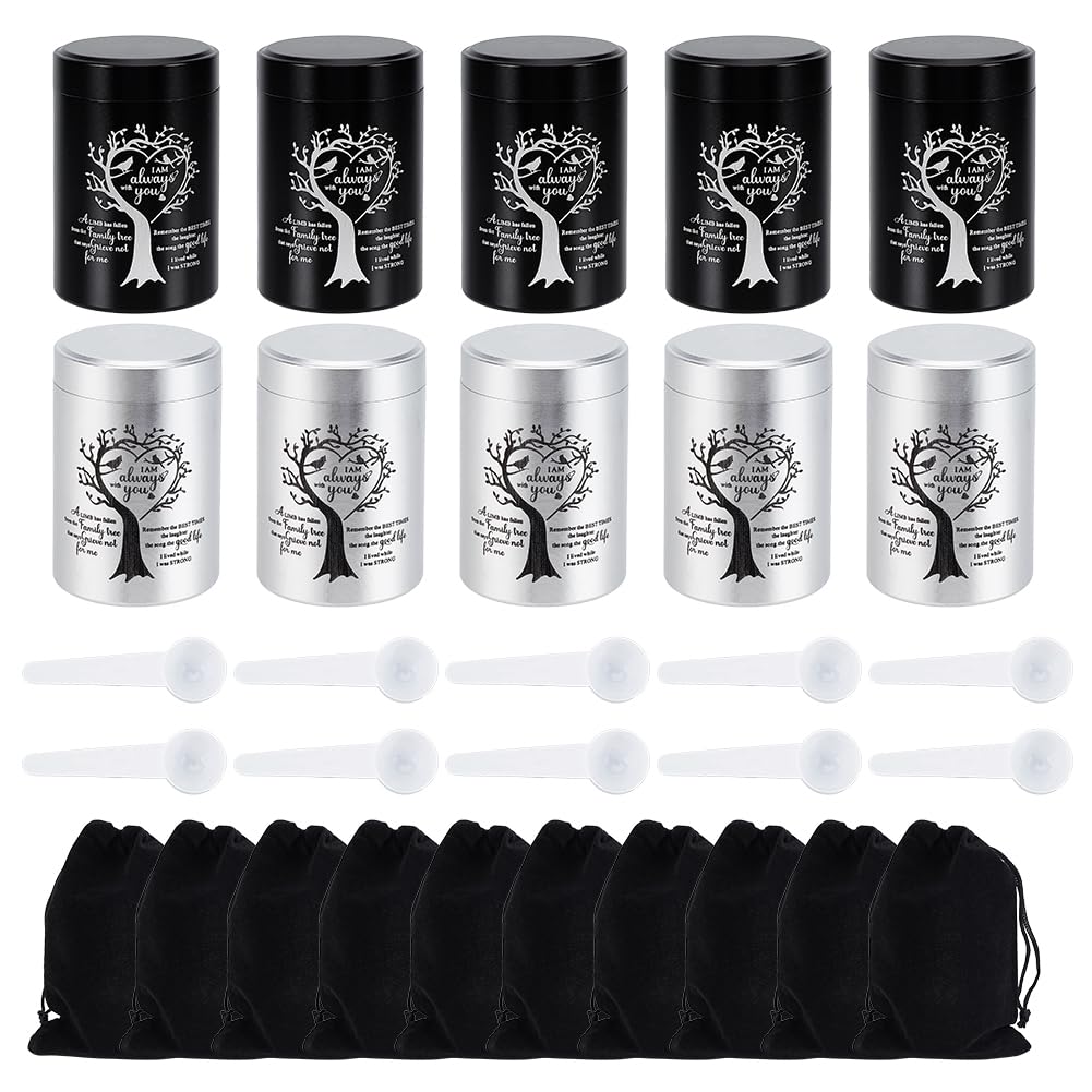 WEBEEDY 10 Mini Urns for Human Ashes 5 Black 5 Silver Small Keepsake Urns Set Memorial Cremation Keepsake Urn with Velvet Bag Spoon for Family Sharing Pet Remembrance Gifts
