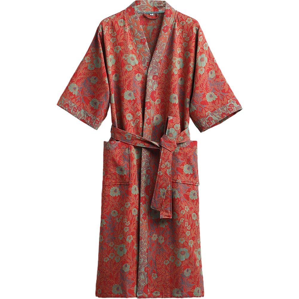Uzztfa Women's Red Double Gauze Nightdress Printing Bathrobe Loose Pajamas Comfortable Nightgown Yukata Sauna Suit Sleepwear Kimono For