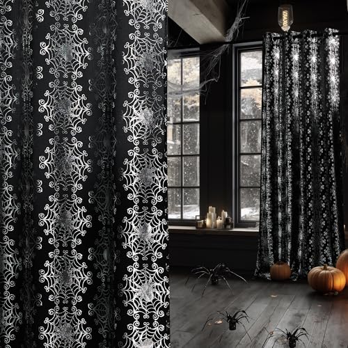 NICETOWN Black Gothic Sheer Curtains for Halloween, Grommet Spider Web Foil Print with Light Filtering Drapes for Horror Theme Room, W52 x L96, 2 Panels
