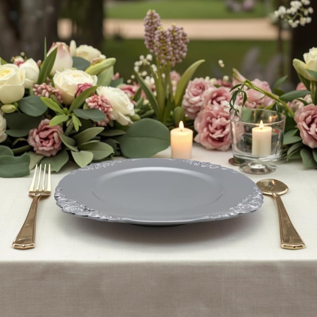 12pcs Silver Charger Plate, 13 Inch Silver Plastic Reusable Dinner Charger Plate, Round Vintage Table Decoration for Weddings, Parties and Festivals