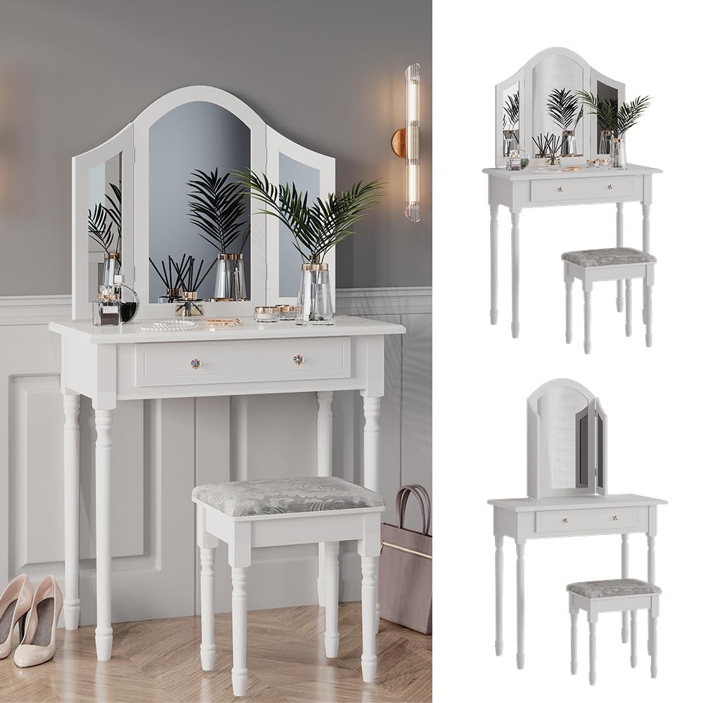 Coiffeuse Kate Blanche Avec Miroir Et Tabouret – Vicco – Avec Tiroir – Neuf