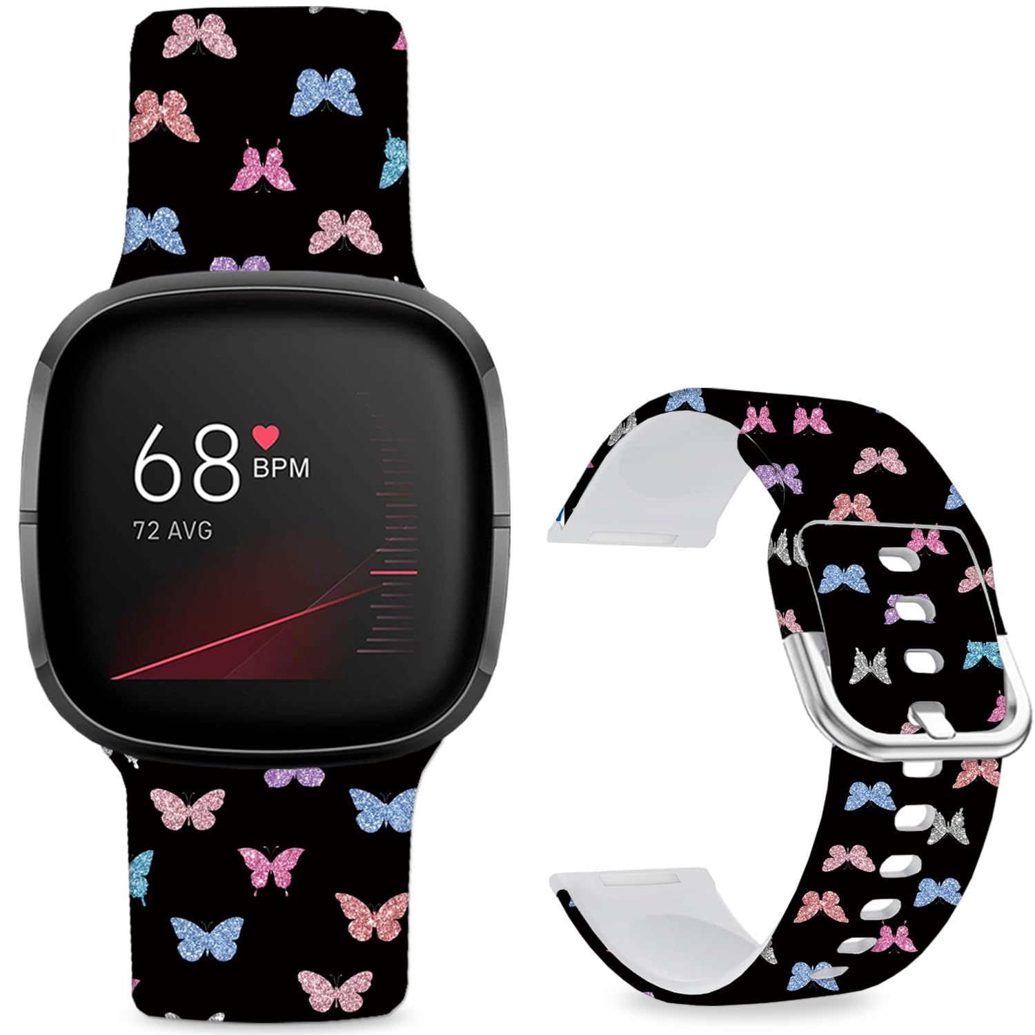 Leotop Pattern Printed Soft Silicone Replacement Bands Compatible with Fitbit Versa 4/ Fitbit Versa 3/ Fitbit Sense 2/Fitbit Sense for Women Men Teens. (Sparkling Butterfly)