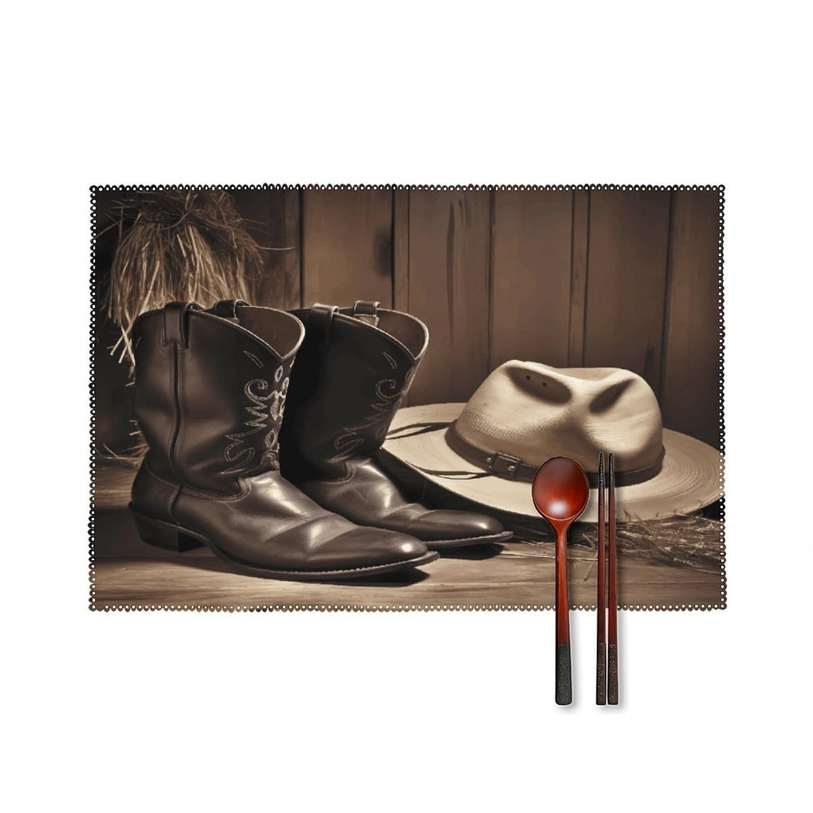 Cowboy Black Hat Western Boots Placemats Set of 4 Heat Resistant Non-Slip Place Mats Reusable Dining Table Mats Canvas Place Mat Anti-Fading Waterproof Placemats for Dining Table Decor