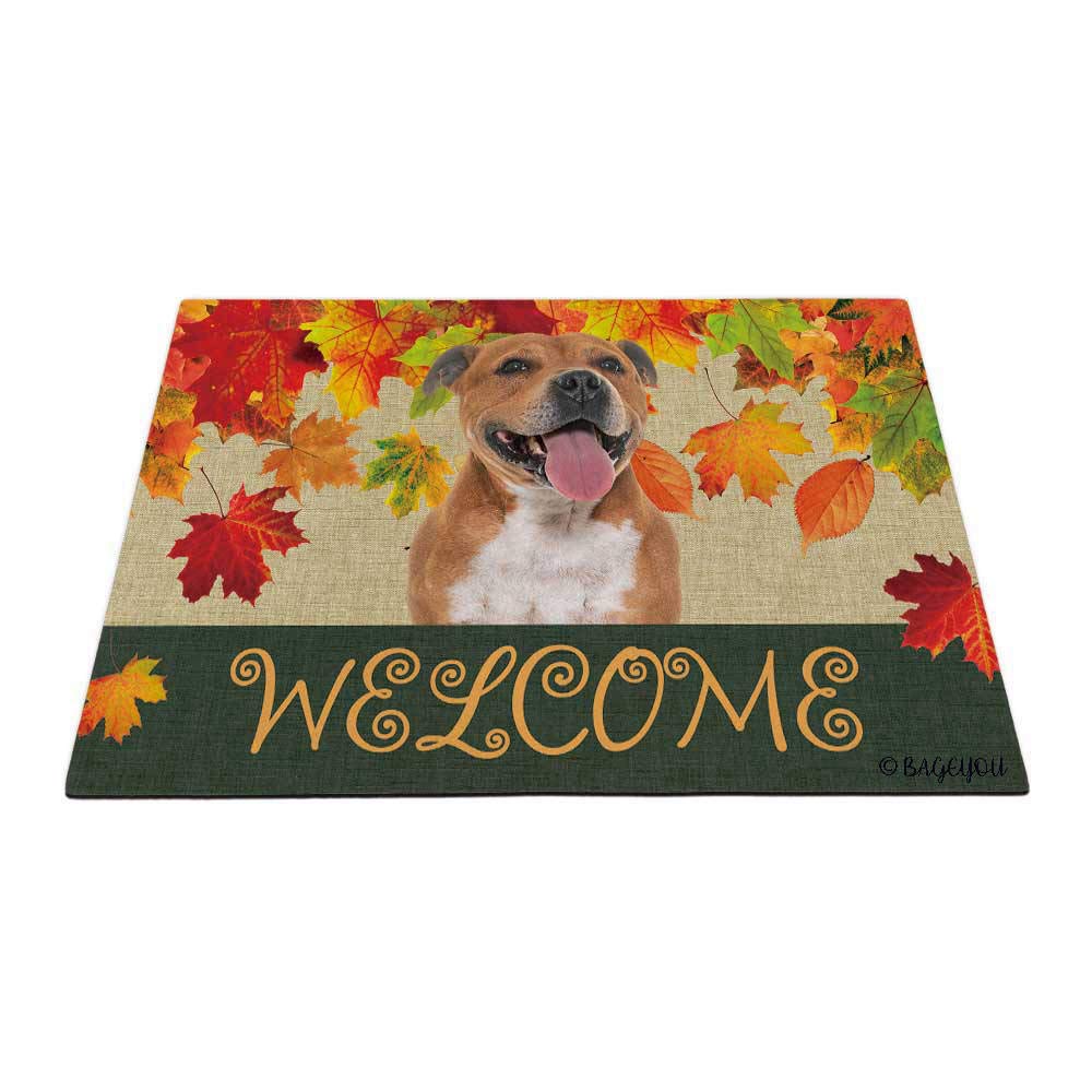 BAGEYOU Welcome Fall with My Favorite Dog Staffordshire Bull Terrier Outdoor Doormat Maple Leaf Harvest Season Rustic Decor Porch Rugs Floor Mat 35.4" x 23.6" — image 1