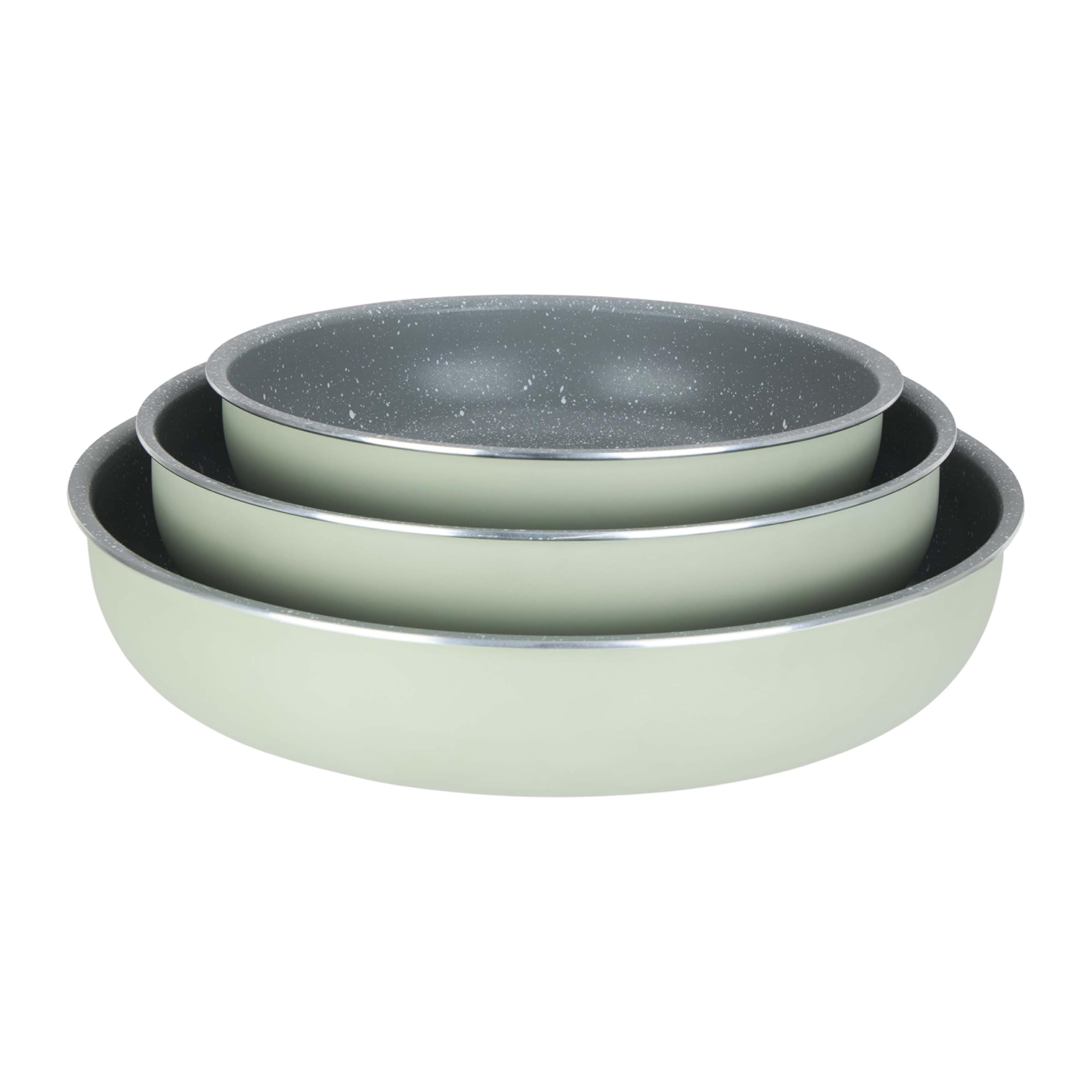 Sitram 716940 - Set di 3 padelle in alluminio, serie FAMILY, Ø 20,24,28 cm, rivestimento antiaderente in ceramica effetto pietra, colore verde, manico rimovibile SITRAMOVIble, tutte le luci incluse