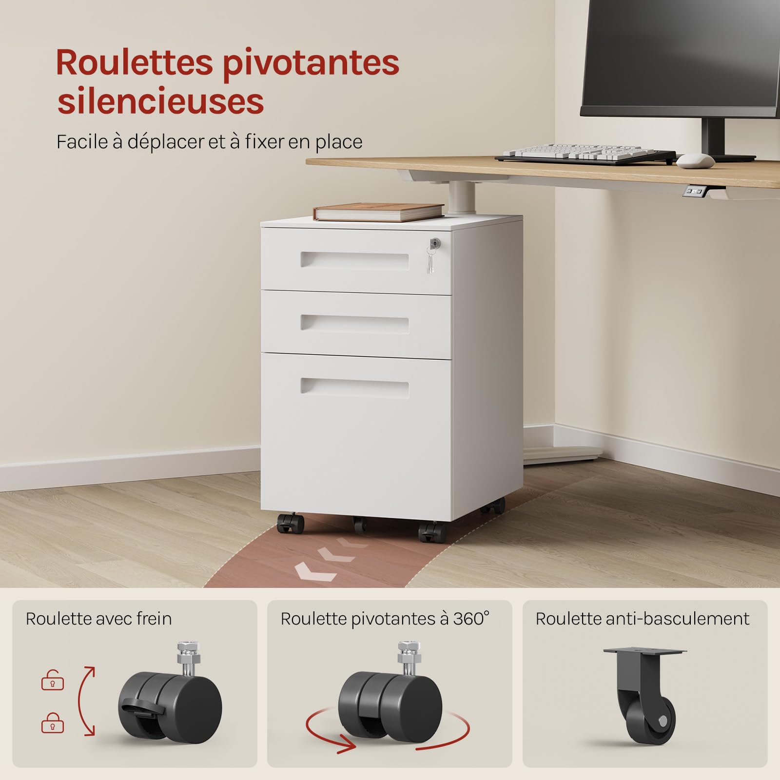 WOLTU Caisson de Bureau, avec Serrures et roulettes, Blanc | Caisson de Rangement, pour Bureau Studio, en Métal avec 3 Tiroirs pour Dossiers