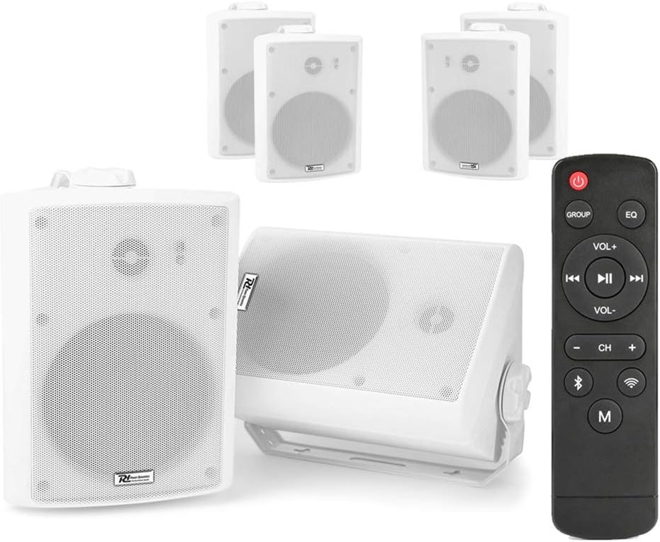 Power Dynamics WS40A 4″ WiFi Wall Speaker System Set of 8, Wireless Bluetooth Multi-Room Audio Streaming, Indoor Outdoor IPX5 Rated Speakers 200W Total, Remote Control Included, White