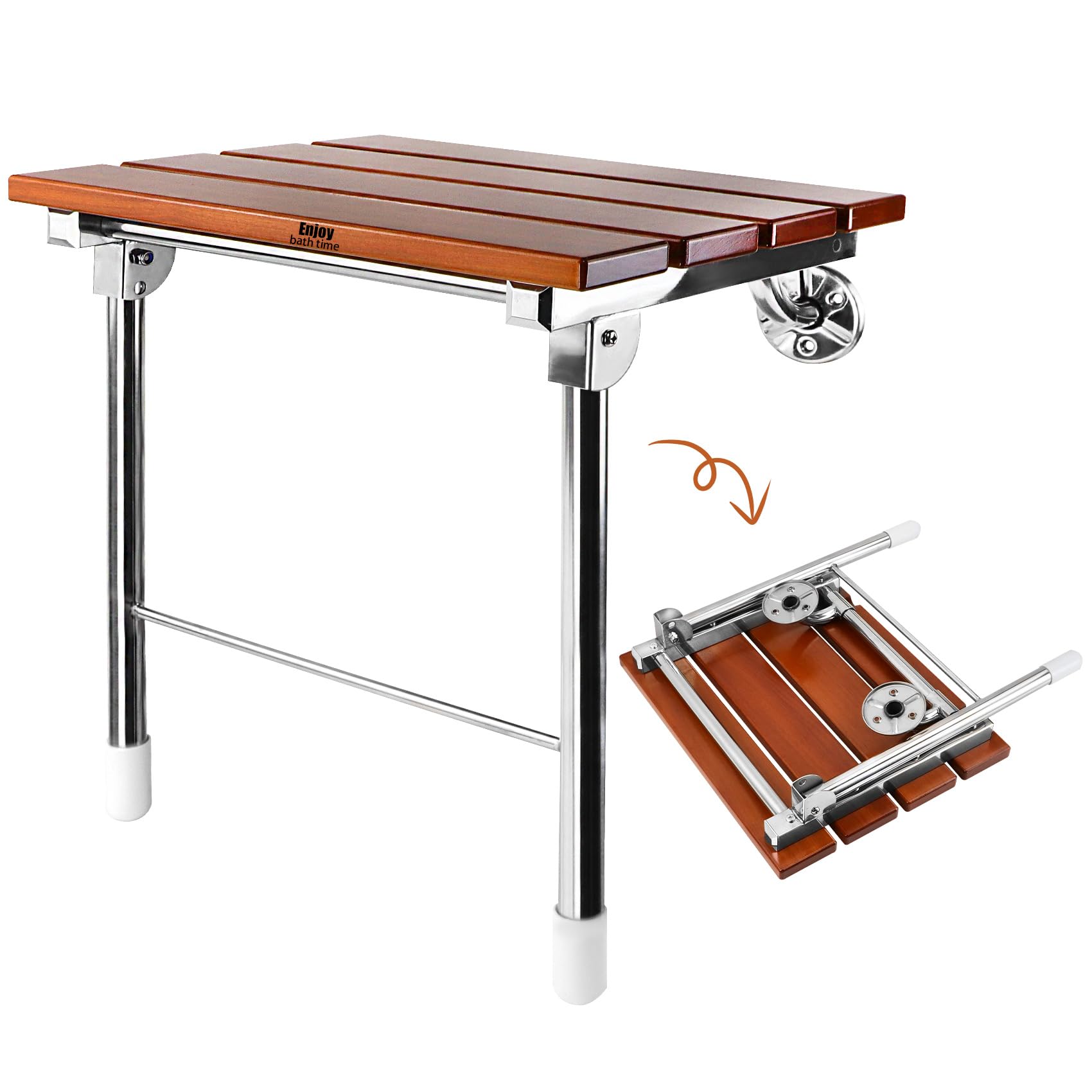 Teak Folding Shower Seat Wall Mounted with Legs,Fold Down Shower Bench for Small Shower Space, Home Care Teak Wood Stool for Inside Shower,Pregnants-Maximum Load 440lb