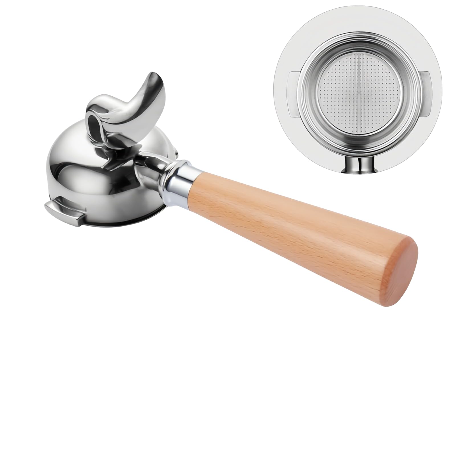 OWKAYStainless steel double ear 58mm handle, double mouth split E61 universal 9g single cup solid wood Italian coffee machine handle (A2 style. Beech natural color)