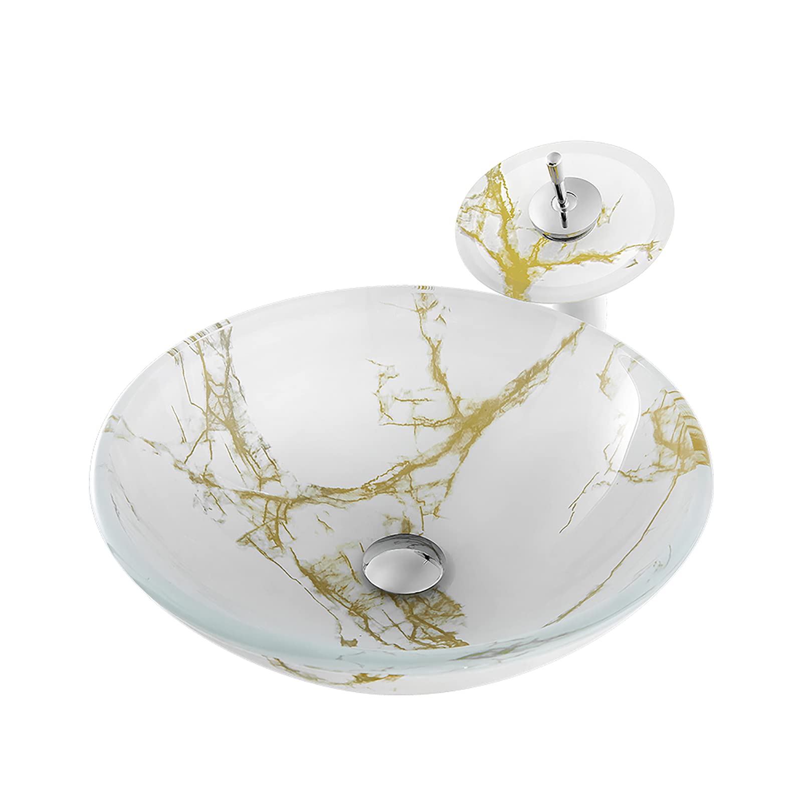 WDSOPK Bathroom Artistic Tempered Glass Vessel Sink Round Bowl Countertop Vanity with Waterfall Faucet and Pop Up Drain Combo (Yellow Green)