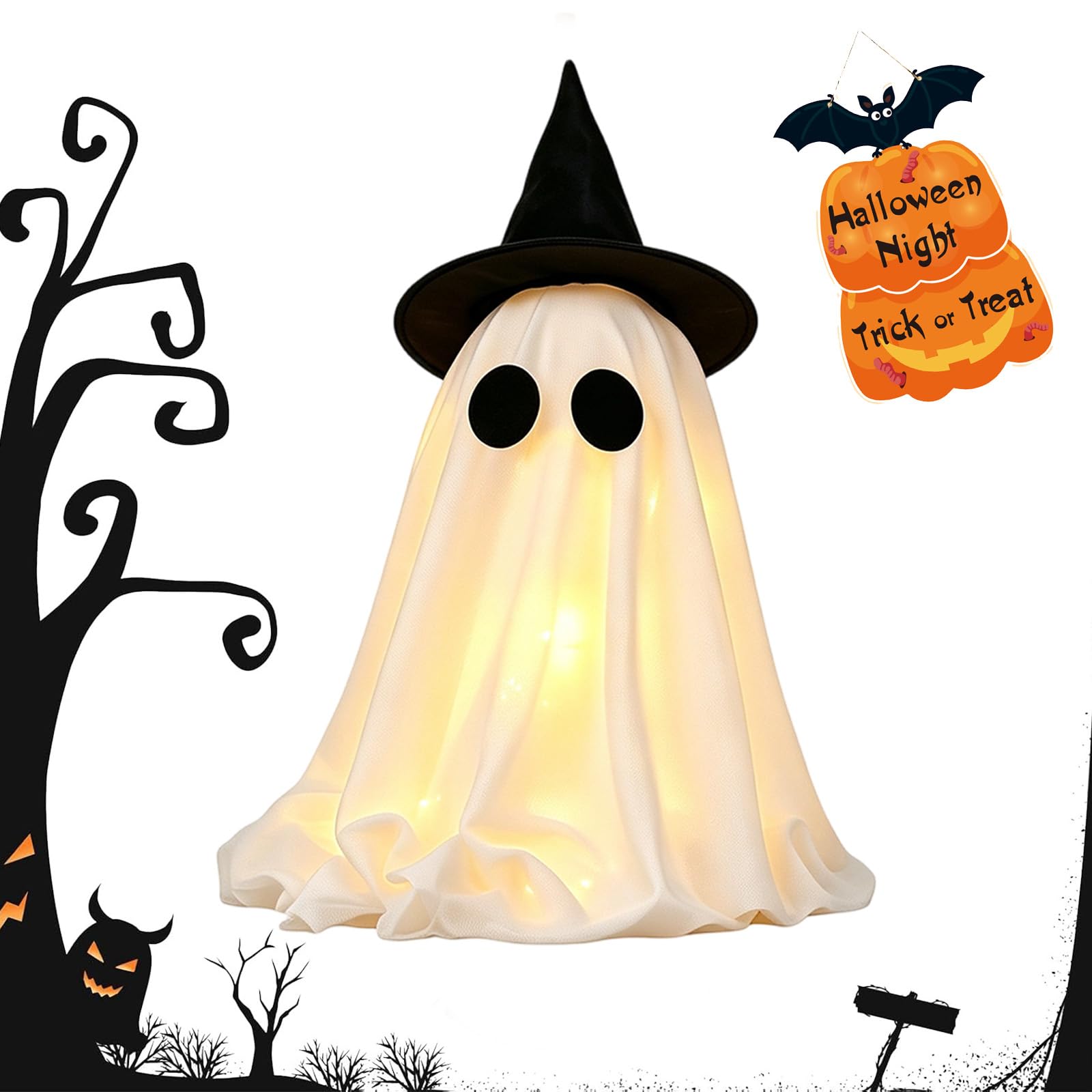 Gienslru B-1 Halloween Light-Up Ghosts Decorations With Witch Hats, Table Decor (B-1)