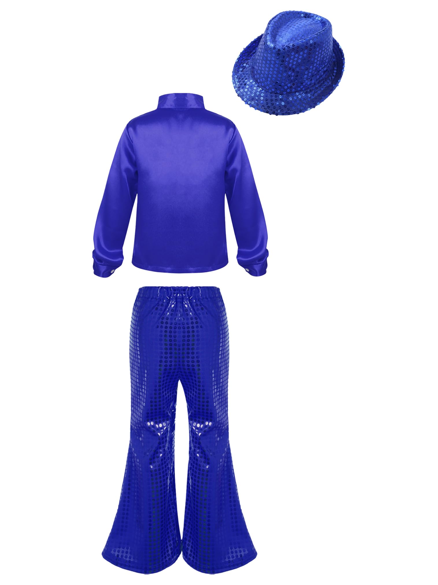 easyforever Kids Boys Girls Hip Hop Jazz Choir Dance Costume Sequins Long Sleeves Shirt Blouse with Flared Pants Hat Blue 11-12 Years