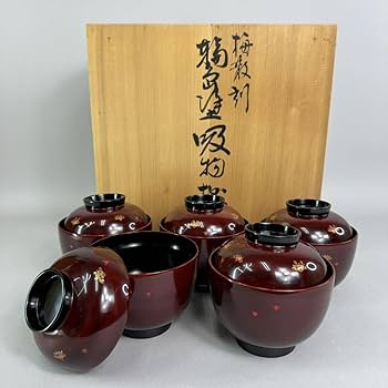 Amazon.co.jp: 輪島塗 沈金師 古今菁峰 梅散刻 輪島塗吸物椀 5客 共箱