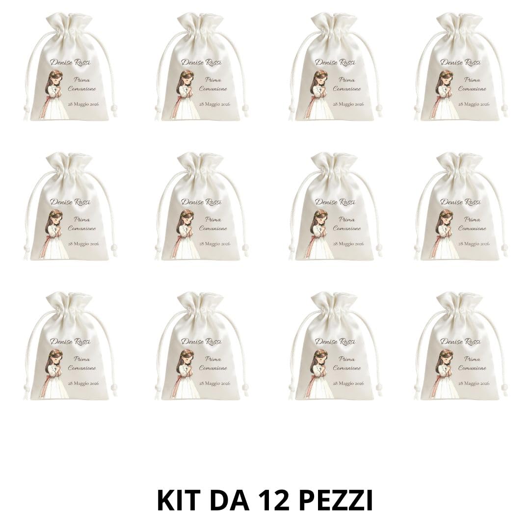 Cormar Sacchetti Bomboniere Prima Comunione, 12 Pezzi, 9x12 cm, Personalizzati con Nome e Data, Bianco (PREGHIERA 2)