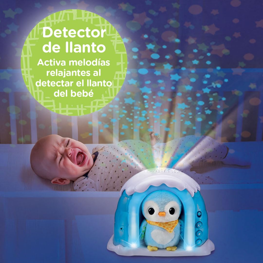 VTech-Baby Iglú Proyector Peluchito Pingüino, Juguete bebés recién Nacidos, Proyector Musical con Luces y Cielo Estrellado, Peluche Interactivo, Nanas y Sonidos Naturaleza, Versión ESP