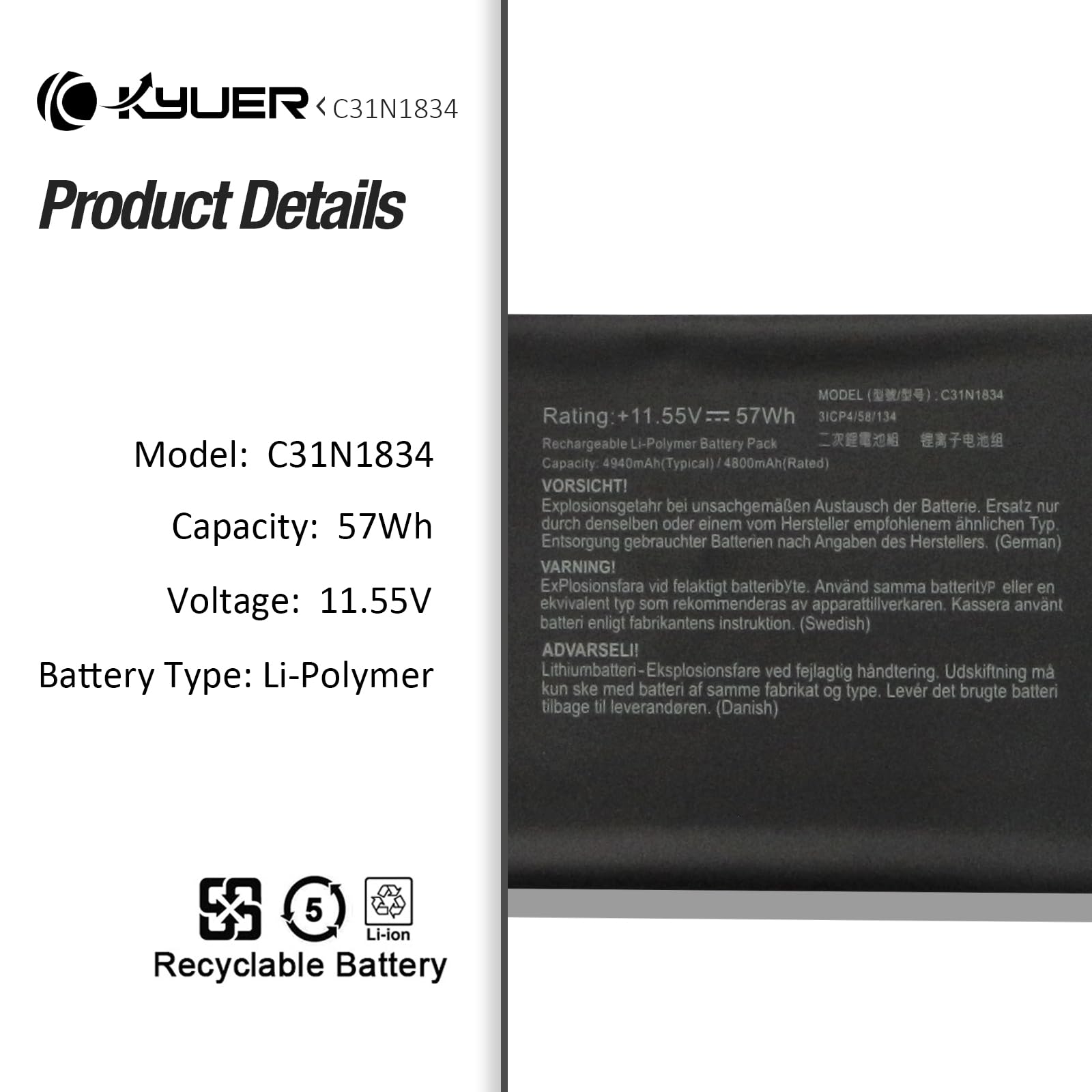 K KYUER 57WH C31N1834 Laptop Batería para Asus ProArt StudioBook Pro 17 W700 H700 H700GV W700GV W700G1T W700G2T W700G3T W700G3P Series W700G3T-AV093R W700G3T-AV027R AV090R W700G1T-AV046R H700GV-AV023R