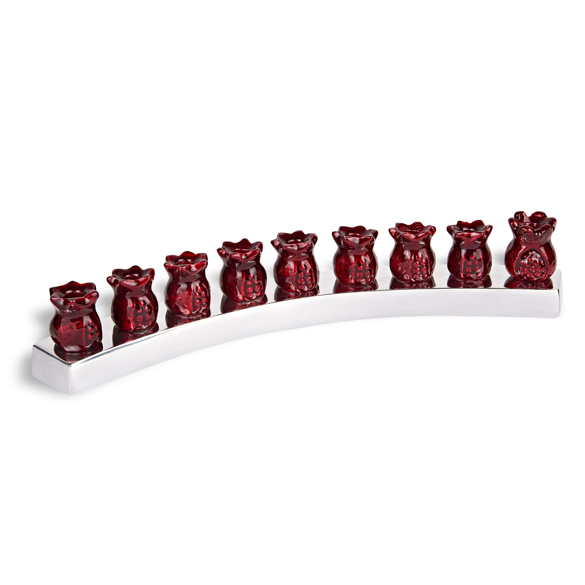 Designers Hanukkah Menorah Nickel Plated Chanukiah with Enamel Coated Pomegranates Curved Minorah Fits Standard Chanukah Candles Hanukah Decoration by Zion Judaica