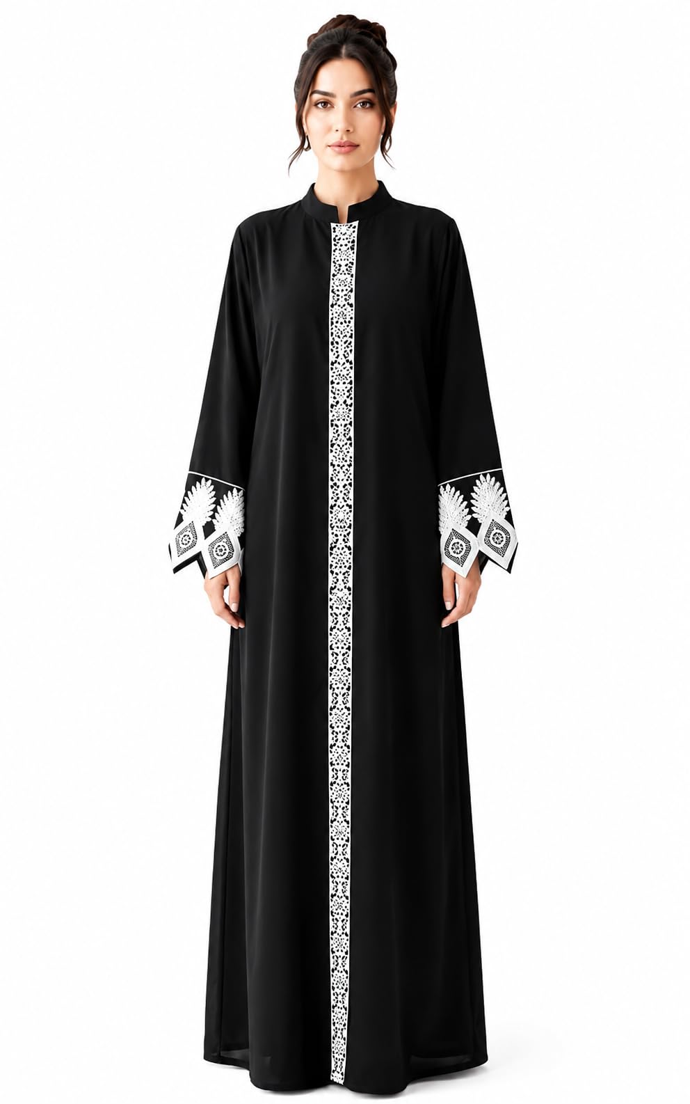Women's Pure Cotton Solid Embroidered Free Size Full Length Abaya Dress Mandarin Collar Modest Islamic Wear Black5-picture-25