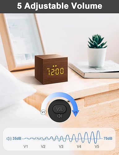 Miniatura 6 de Reloj despertador digital, con pantalla LED electrónica de madera, 3 alarmas, 2.5 pulgadas, cúbicos pequeños, relojes eléctricos hechos de madera
