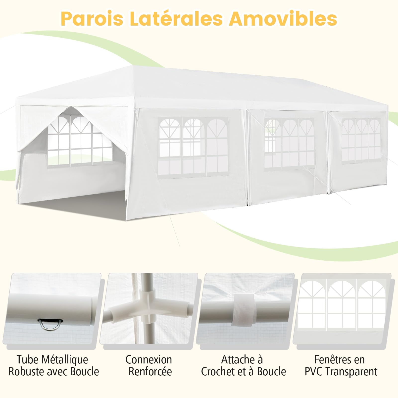 COSTWAY Tonnelle de Jardin 3x9m inclut 6 Murs Amovibles avec Fenêtre sur Côté, 2 Entrées de Porte, Abri Robuste avec Piquets de Terre